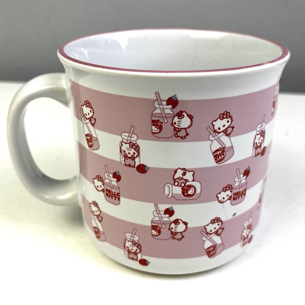 Hello Kitty Coffee Mug Cup Sanrio Strawberry Milk 20oz White Pink Striped - Picture 2 of 5